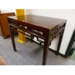 A CHINESE HARDWOOD RECTANGULAR TABLE, PIERCED APRON, SQUARE LEGS. W 92 x D 65 x H 86cms.