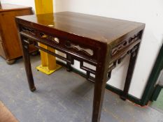 A CHINESE HARDWOOD RECTANGULAR TABLE, PIERCED APRON, SQUARE LEGS. W 92 x D 65 x H 86cms.