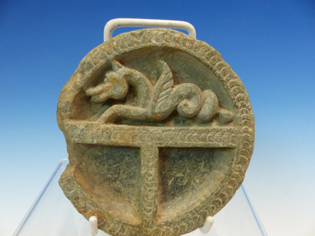 A GREEN SOAPSTONE ROUNDEL CARVED IN RELIEF WITH A DRAGON ON A T BAR. Dia 11.5cms. A DIAMOND SHAPED - Image 5 of 11