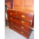 AN ANTIQUE MAHOGANY CAMPAIGN TYPE CHEST OF TWO SHORT AND THREE LONG DRAWERS WITH BRASS RECESSED