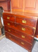 AN ANTIQUE MAHOGANY CAMPAIGN TYPE CHEST OF TWO SHORT AND THREE LONG DRAWERS WITH BRASS RECESSED