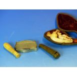 A MEERSHAUM PIPE, A CHEROOT HOLDER, A NICKLE SNUFF BOX AND AN IVORY SEAL