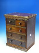 A MINIATURE MAHOGANY AND PINE CHEST OF FIVE DRAWERS. H. 38 x W. 31cms.