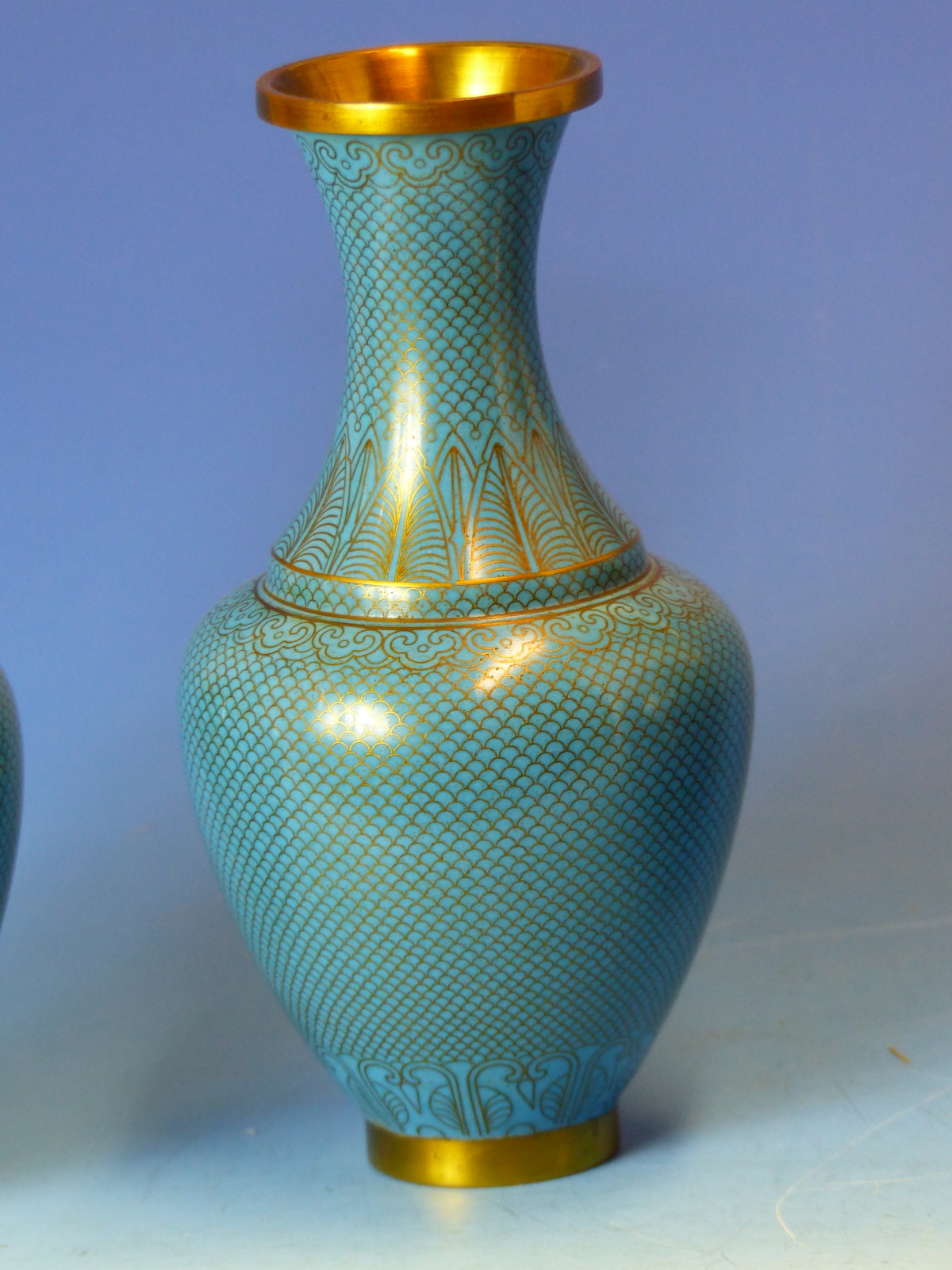 A PAIR OF CHINESE CLOISONNE TURQUOISE BLUE VASES. H 16cms. TOGETHER WITH A BLUE AND WHITE PORCELA - Image 2 of 18