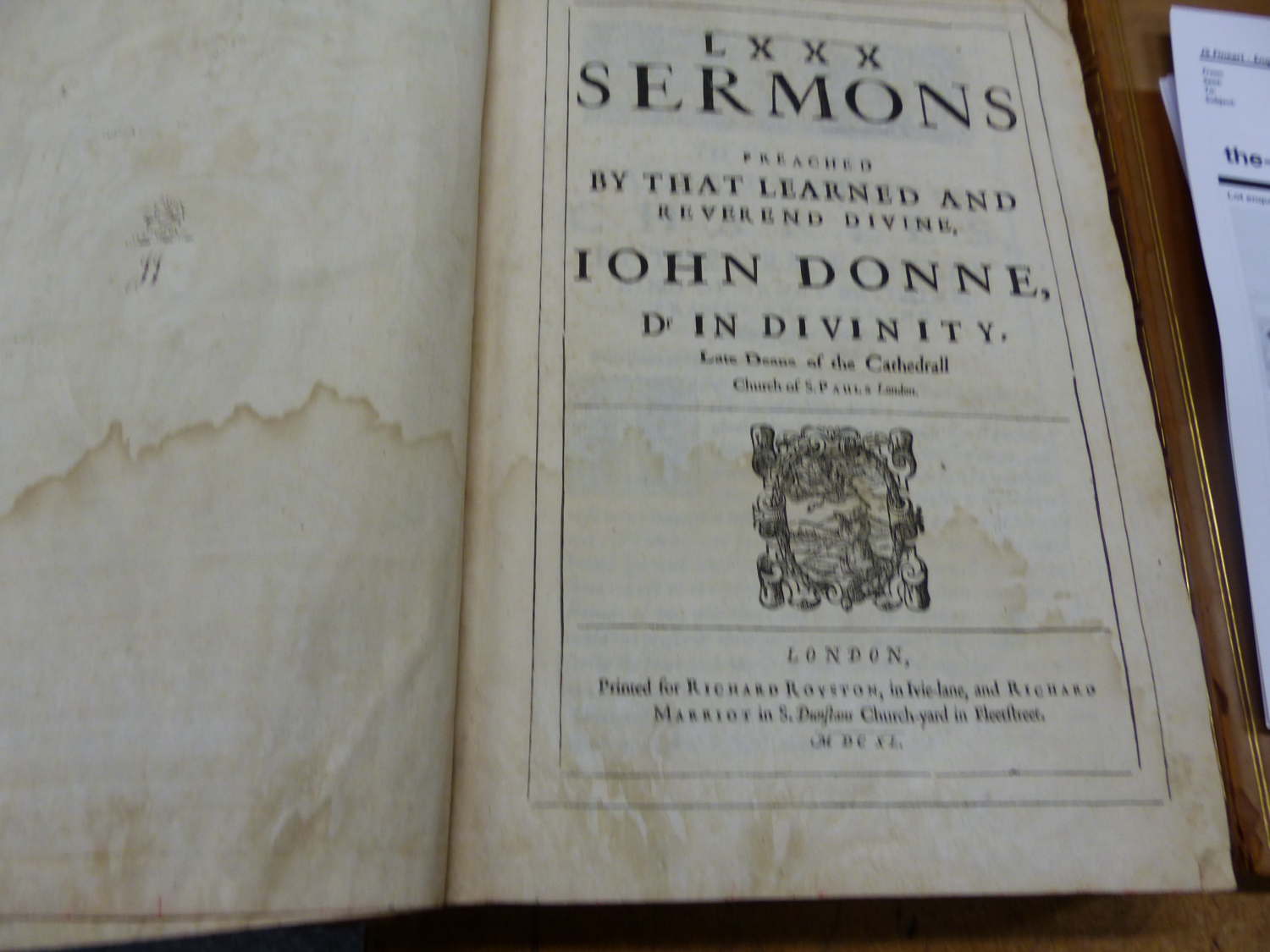 BOOK-LXXX SERMONS PREACHED BY THAT LEARNED AND REVEREND DIVINE. JOHN DONNE PUBLISHED BY PRINTED [ - Image 12 of 14