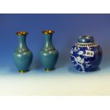 A PAIR OF CHINESE CLOISONNE TURQUOISE BLUE VASES. H 16cms. TOGETHER WITH A BLUE AND WHITE PORCELA