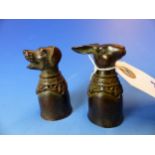 TWO UNUSUAL BRONZE CANDLE SNUFFERS WITH ANIMAL HEAD FINIALS, A HARE AND A HOUND. H. 6cms (2).