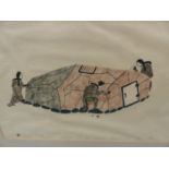 INUIT ART. SOLOMON KARPIK (PANGNIRTUNG 1947-) MAKING TENT FOR WINTER, PENCIL SIGNED AND NUMBERE