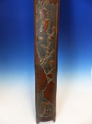 AN UNUSUAL CHINESE CARVED BAMBOO TALL PANEL WITH BIRD AND FLORAL DECORATION. H. 91cms.