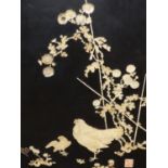 A JAPANESE CARVED AND INLAID LACQUER PANEL DECORATED WITH CHICKENS AND FLOWERS. INSET SEAL. 76 x