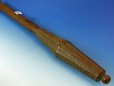 A WOODEN CLUB, POSSIBLY TONGAN, THE SWOLLEN POLYGONAL HEAD CARVED IN TWO HALVES WITH CHEVRON