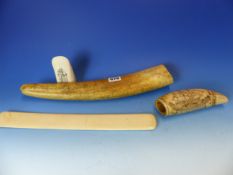 A WALRUS TUSK TOGETHER WITH TWO PIECES OF SCRIMSHAW, ETC.