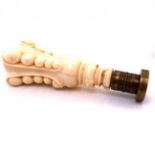 A LATE 19TH/EARLY 20TH CENTURY DESK SEAL WITH CARVED IVORY HANDLE AND BRASS HEAD 10CM LONG