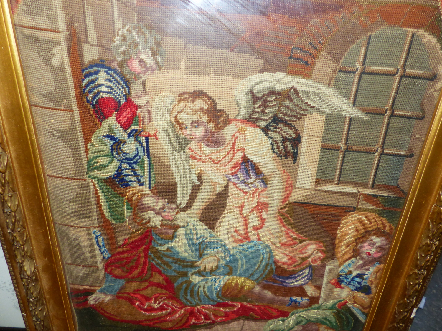 A VICTORIAN NEEDLEPOINT PANEL OF AN ANGEL AND OTHER FIGURES WITHIN AN ARCHITECTURAL SETTING. 54 x - Image 6 of 6