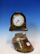 A SMALL VINTAGE CHINOISERIE LACQUER DOME TOP CLOCK WITH KEY WIND FRENCH MOVEMENT. H. 14cms. TOGETHER