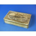 A BONE AND SCRIWSHAW DECORATED SMALL TABLE BOX DEPICTING SAILING SHIP IN HIGH SEAS.10 CM WIDE