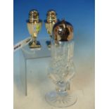 A PAIR OF HALLMARKED SILVER URN FORM CONDIMENT SHAKERS. TOGETHER WITH A WATERFORD CRYSTAL CASTOR