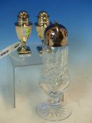 A PAIR OF HALLMARKED SILVER URN FORM CONDIMENT SHAKERS. TOGETHER WITH A WATERFORD CRYSTAL CASTOR