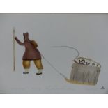 INUIT ART. TOMMY NOVAKEEL (PANGNIRTUNG 1911-****). CHILDREN IN A SLEDGE, 1984 PENCIL SIGNED COLOUR