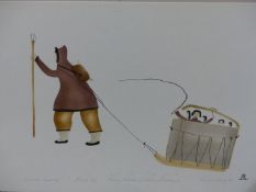 INUIT ART. TOMMY NOVAKEEL (PANGNIRTUNG 1911-****). CHILDREN IN A SLEDGE, 1984 PENCIL SIGNED COLOUR