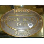 STORD, NORWAY, AN OVAL BRONZE MECHANICAL WORKSHOP PLATE, THE CENTRE WITH BYGG (BUILDING) NR. 6 1950.