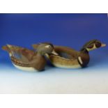 A PAIR OF CARVED AND PAINTED DUCK DECOYS . A MALE AND FEMALE WOOD DUCK, EACH SIGNED AND INSCRIBED ON