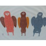 INUIT ART. TEEVEE JAMASIE (DORSET 1910- ****) THREE YOUNG OWLS. PENCIL SIGNED AND NUMBERED 48/50.
