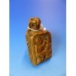 A CARVED WOOD SNUFF BOX, THE HINGED LID BACKED BY A LION. THE LID ITSELF CARVED IN RELIEF WITH A