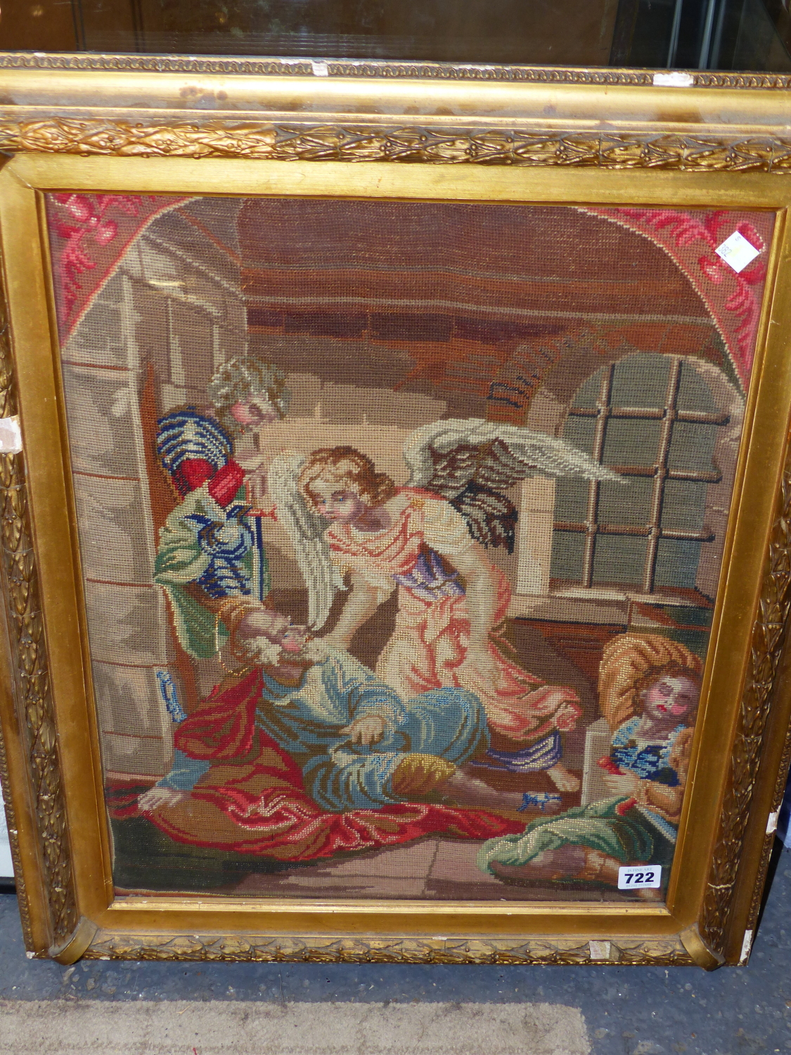 A VICTORIAN NEEDLEPOINT PANEL OF AN ANGEL AND OTHER FIGURES WITHIN AN ARCHITECTURAL SETTING. 54 x - Image 2 of 6