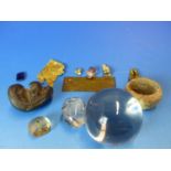 A COLLECTION OF RELIQUARIES, A QUARTZ SEAL, RUTILE NEEDLE INCLUDED EGG, SKULL BEAD, FOSSILISED AND