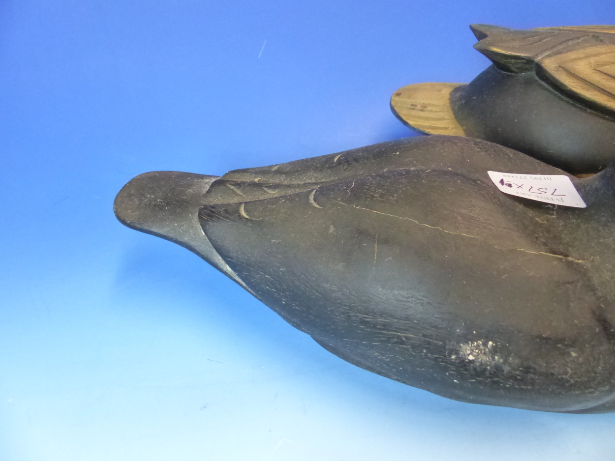 THREE CARVED AND PAINTED DUCK DECOYS, LENGTH OF LARGEST 39cms, TOGETHER WITH A CERAMIC EXAMPLE. - Image 5 of 25