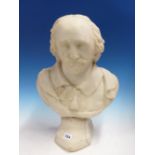 A 19th.C.WHITE MARBLE BUST OF SHAKESPEARE. H. 46cms.