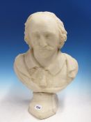 A 19th.C.WHITE MARBLE BUST OF SHAKESPEARE. H. 46cms.