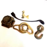 TWO ROMAN BRONZE SMALL CLASPS, AN EASTERN SPICE SPOON, A SMALL EASTERN BIRD FORM SCALE WEIGHT AND