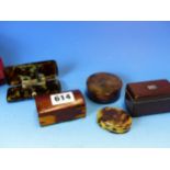 THREE SMALL ANTIQUE TORTOISHELL BOXES, A TORTOISHELL FOLDING MAGNIFYING GLASS AND TWO MINITURE TREEN