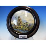 A 19TH CENTURY POTTERY POT LID IN EBONISED FRAME