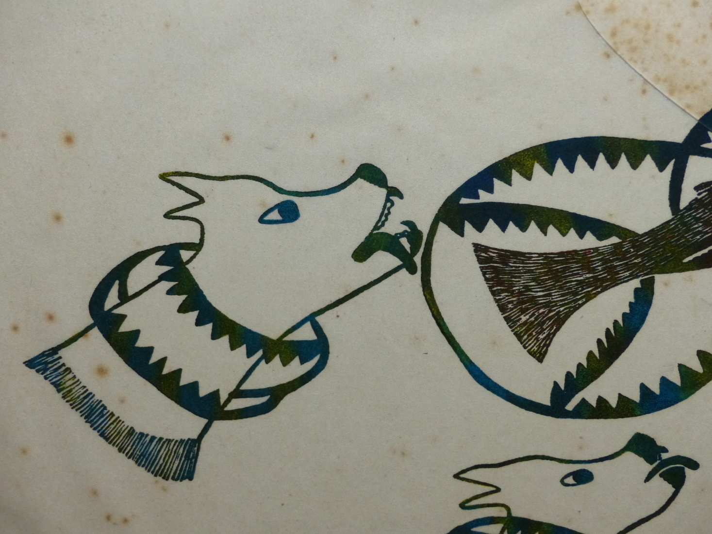 INUIT ART. PUDIO (DORSET 1916 - ****). CHASING FISH. PENCIL SIGNED AND NUMBERED 48/50. 1975. COLOU - Image 4 of 11