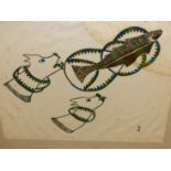 INUIT ART. PUDIO (DORSET 1916 - ****). CHASING FISH. PENCIL SIGNED AND NUMBERED 48/50. 1975. COLOU
