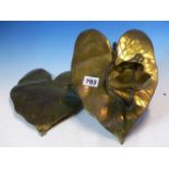 AN UNUSUAL PAIR OF BRASS ARTS AND CRAFTS HANGING CANDLE SCONCES, LILY PAD BACKPLATES WITH FROG AND