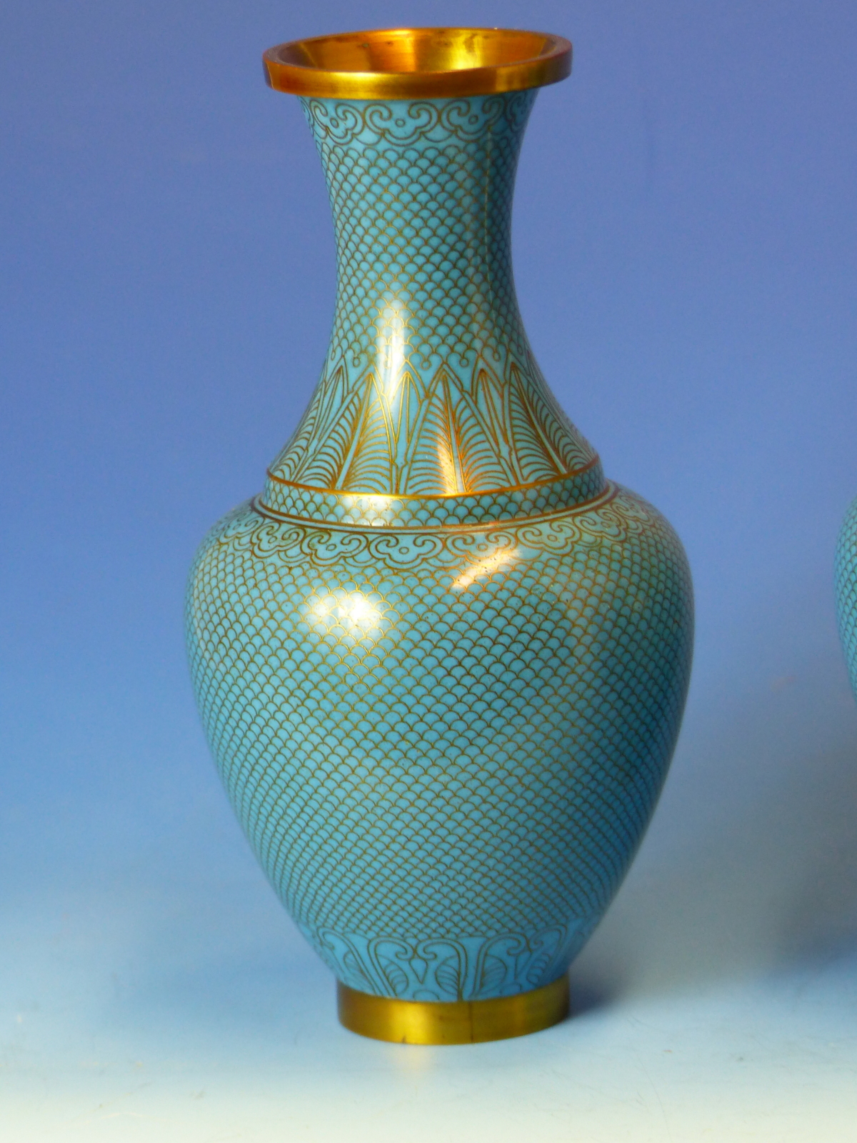 A PAIR OF CHINESE CLOISONNE TURQUOISE BLUE VASES. H 16cms. TOGETHER WITH A BLUE AND WHITE PORCELA - Image 3 of 18