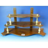 AN UNUSUAL VICTORIAN MAHOGANY THREE TIER HANGING WALL SHELF WITH TURNED BONE SUPPORTS. W. 46 x H.