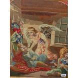 A VICTORIAN NEEDLEPOINT PANEL OF AN ANGEL AND OTHER FIGURES WITHIN AN ARCHITECTURAL SETTING. 54 x