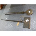 TWO EARLY CAST AND WROUGHT IRON WAFFERING IRONS. ONE WITH PRINCE OF WALES DESIGN, THE OTHER WITH A