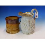 A VICTORIAN POTTERY JUG WITH FIGURAL DECORATION, TOGETHER WITH A LARGE STONEWARE MUG DECORATED