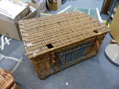 A FORTNUM AND MASON HAMPER, A LAUNDRY BASKET AND A PICNIC BASKET.