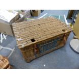 A FORTNUM AND MASON HAMPER, A LAUNDRY BASKET AND A PICNIC BASKET.