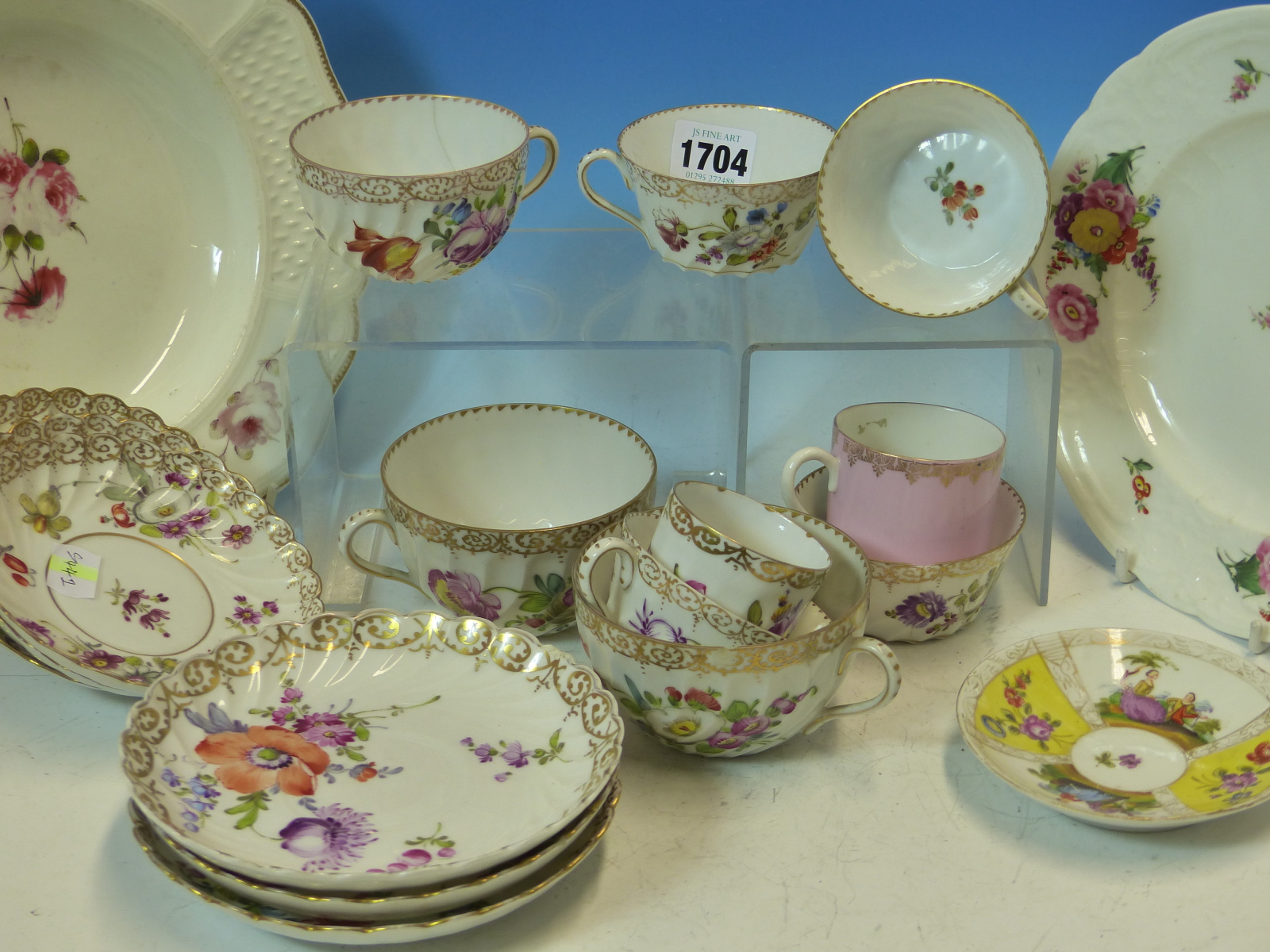 A COLLECTION OF DRESDEN FLORAL TEA WARES, A PAIR OF ROSENTHAL FLORAL PLATES AND TWO OTHERS ENGLISH.