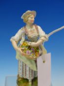 A MEISSEN PORCELAIN FIGURE OF A LADY HOLDING A BASKET OF ROSES, HER HAT AND DRESS TRIMMED WITH LACE,