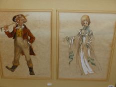 20th.C.ENGLISH SCHOOL, TWO COSTUME STUDIES OF DICKENS TYPE CHARACTERS, INDISTINCLY SIGNED AND