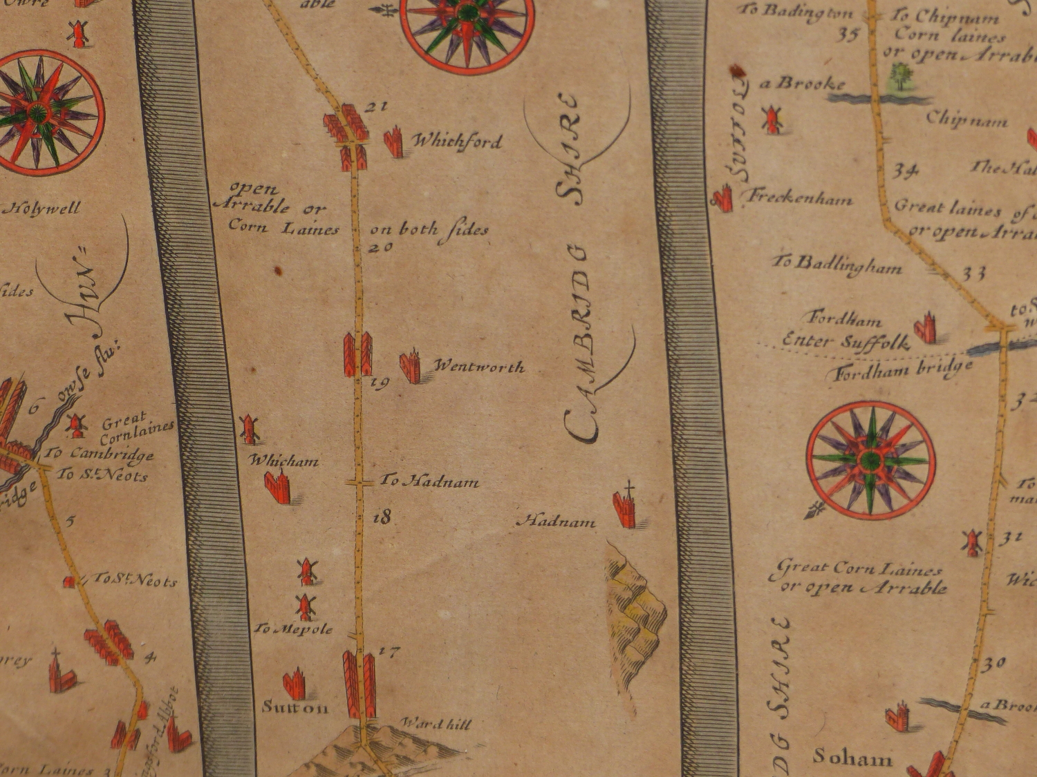 AFTER JOHN OGILBY. AN ANTIQUE HAND COLOURED MAP, THE ROAD FROM HUNTINGDON TO IPSWICH. 35 x 46.5cms. - Image 11 of 12